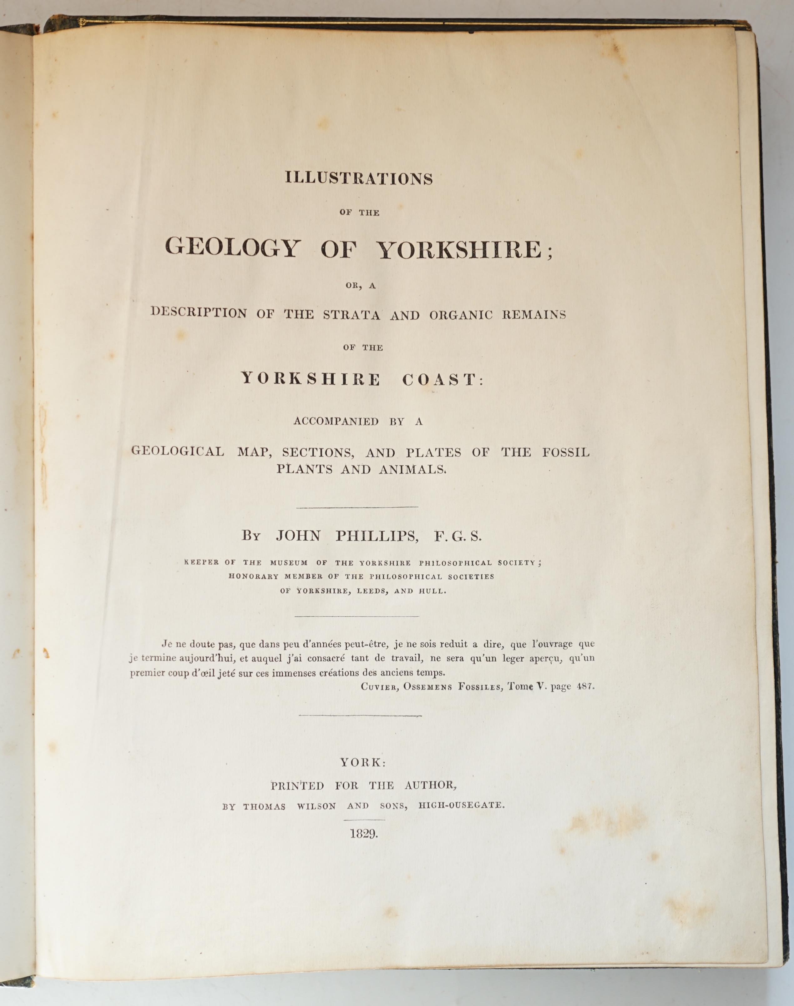 Phillips, John - Illustrations of the The Geology of Yorkshire, 2 vols, 4to, green blindstamped spine and cover borders with marbled boards, with plates and maps, some coloured, York, 1829 and London, 1836